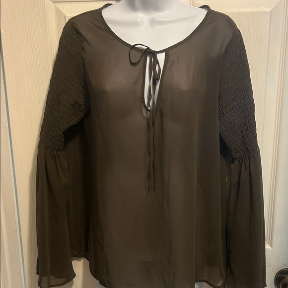 Express Sheer Brown Blouse with Smocked Sleeves - Picture 1 of 11
